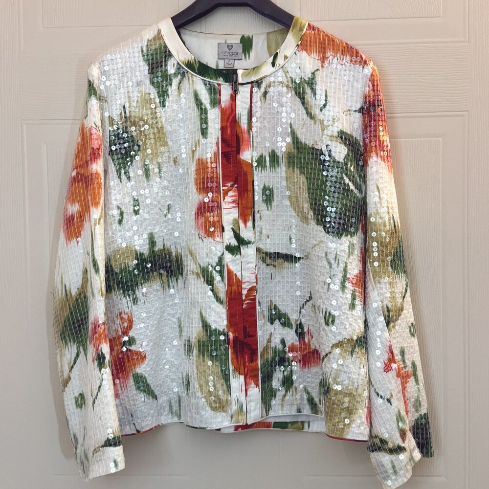Chico's Shimmery Sequined Women's Floral Jacket Size 2